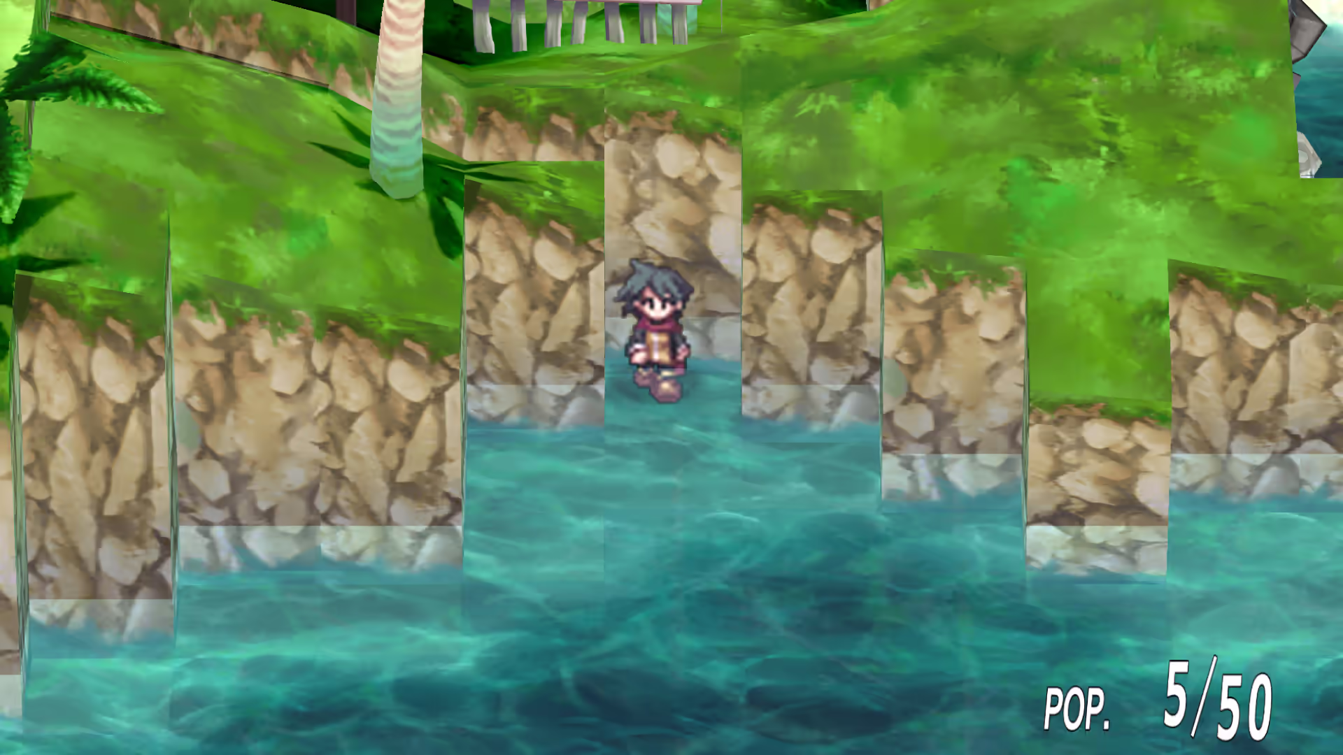 The water below the cliff behind the house